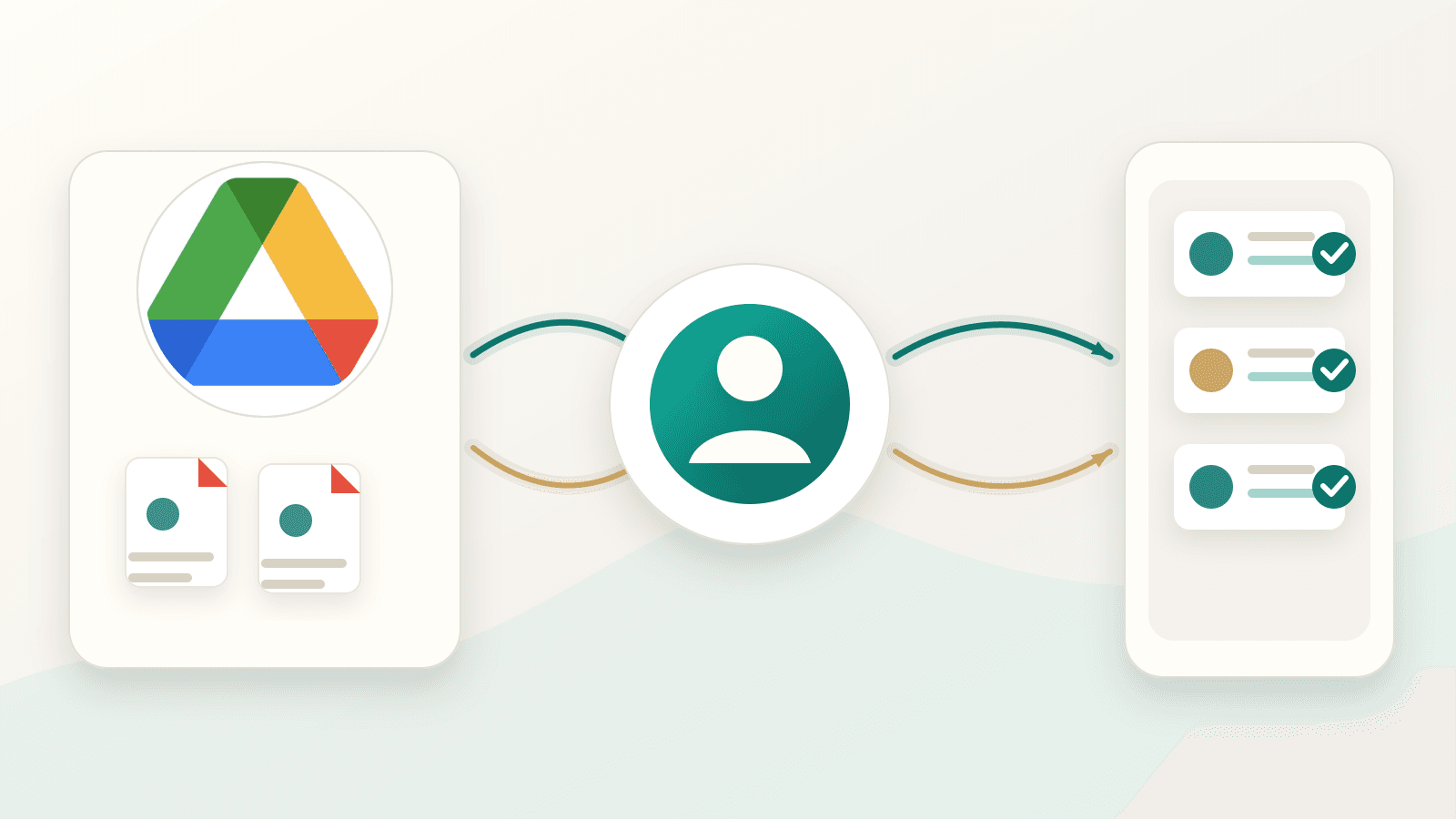 2D diagram showing the Google Drive logo, document files, an AI scanner, and imported biodata listing cards.
