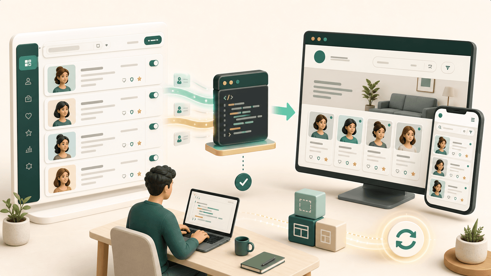 Illustration of Biodata.sg listing cards flowing through a web widget into an agency website on desktop and mobile.