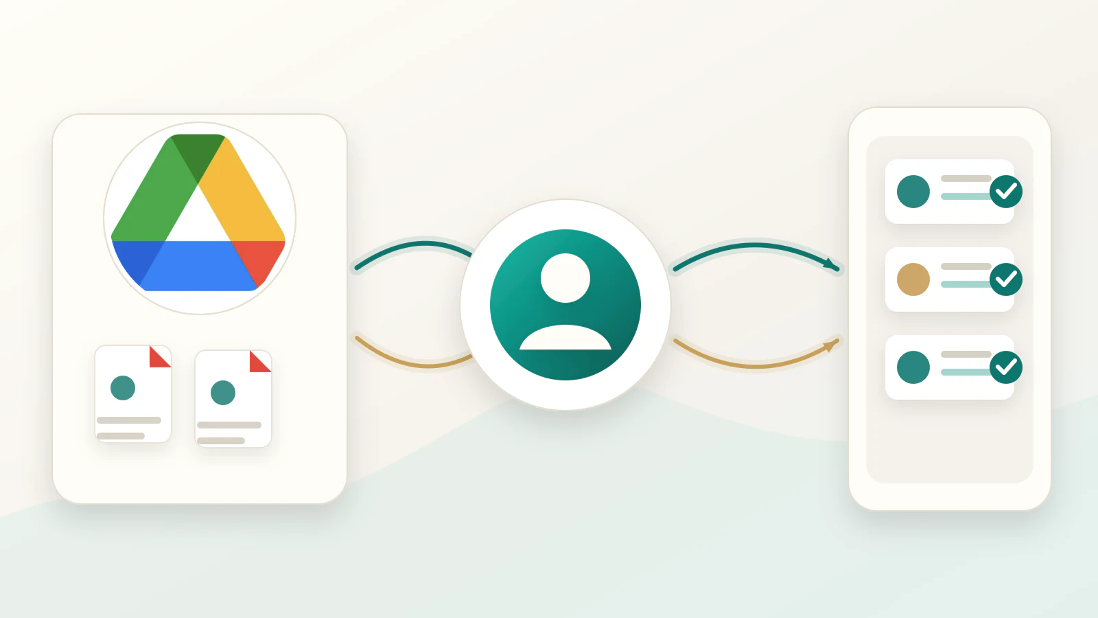 2D diagram showing the Google Drive logo, document files, an AI scanner, and imported biodata listing cards.