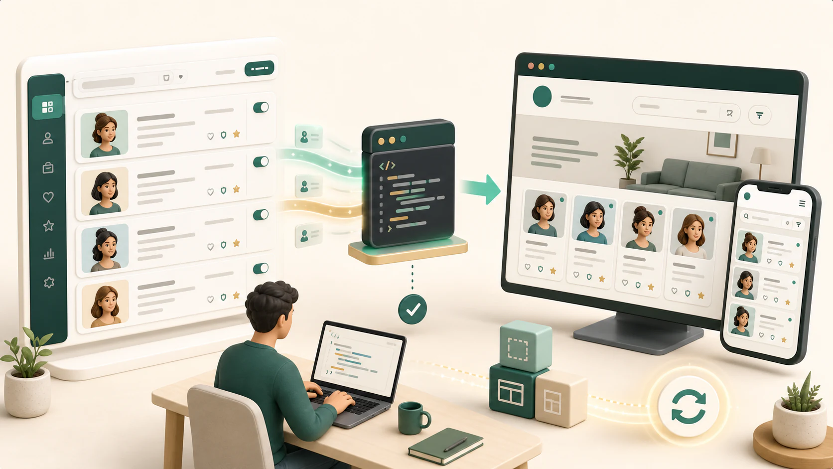 Illustration of Biodata.sg listing cards flowing through a web widget into an agency website on desktop and mobile.