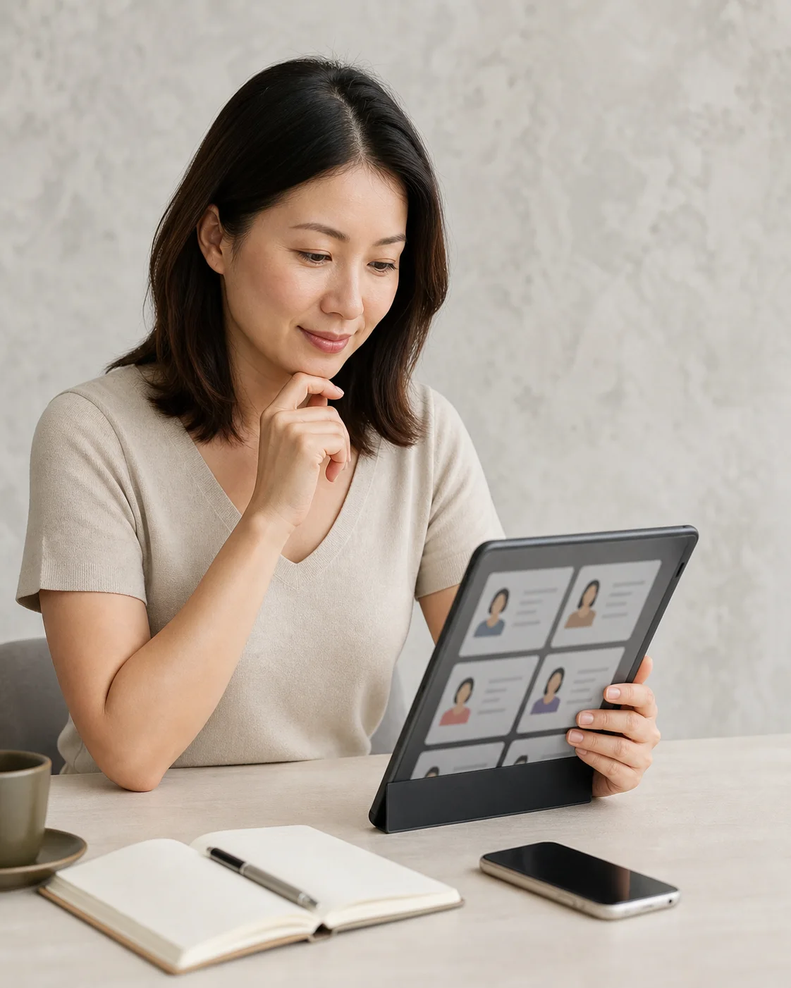 Employer comparing shortlisted maid biodata profiles on a tablet at home