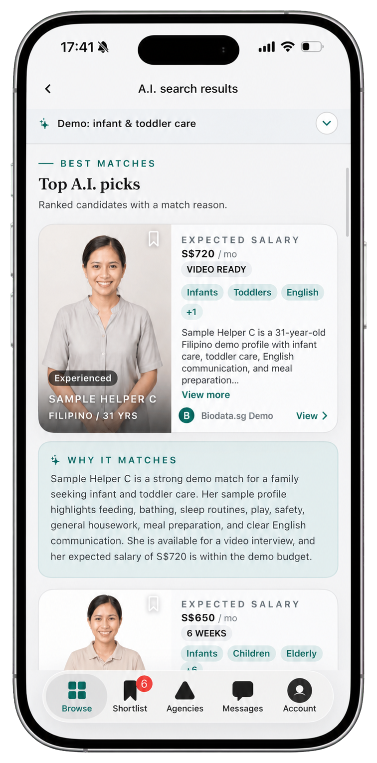 Biodata.sg app on a phone showing AI-matched helper results