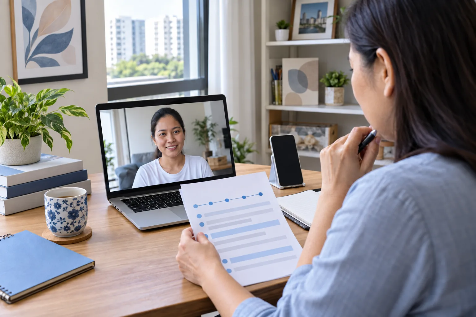 An employer reviewing an employment timeline while interviewing a helper by video call