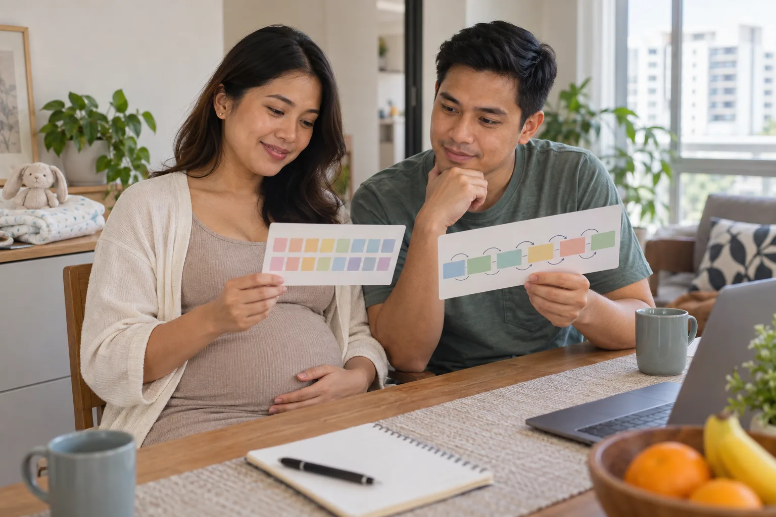 Expectant parents comparing a short newborn-support plan with a longer household-care plan in a Singapore home