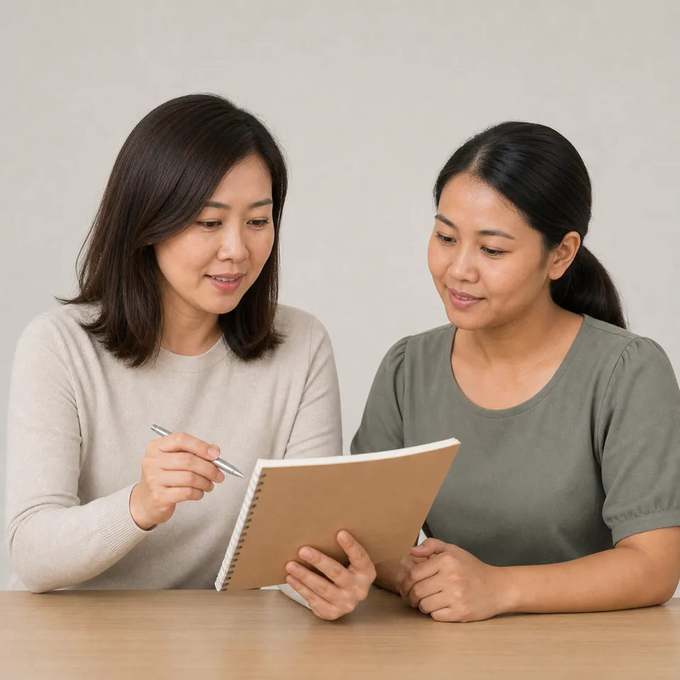 Employer calculating domestic helper salary and rest-day compensation at a table