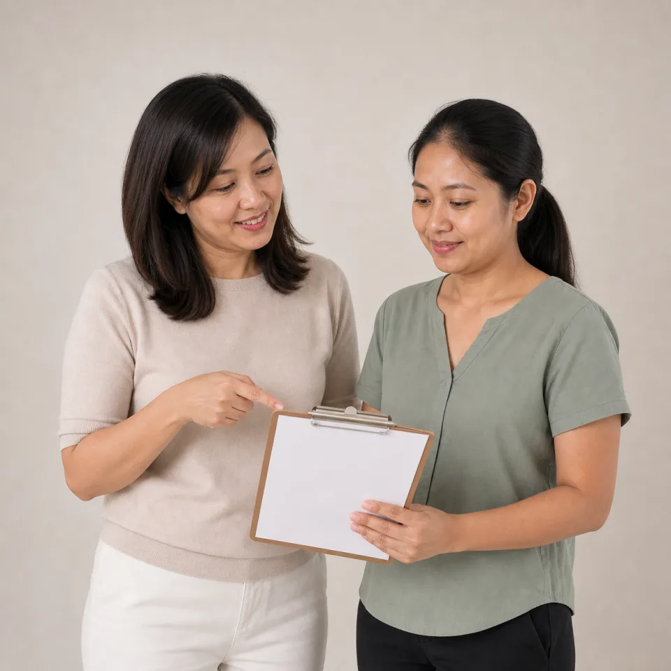 Employer demonstrating a written household routine to a domestic helper in a Singapore home