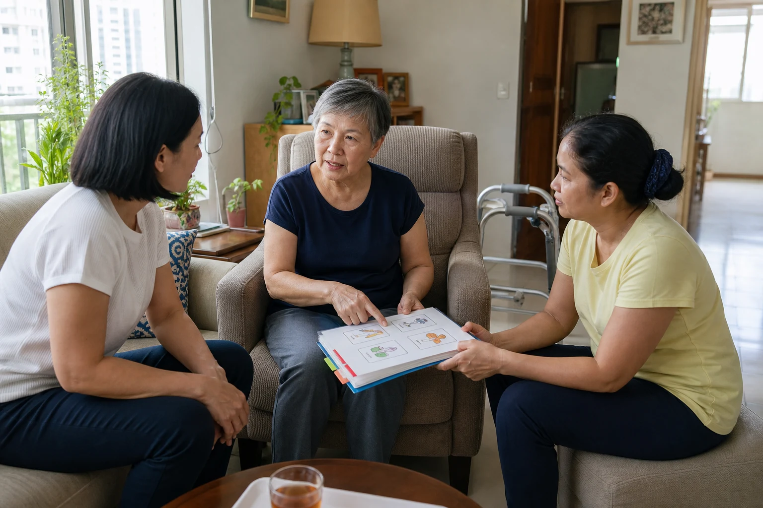 An adult recovering at home while a family caregiver and domestic helper review a discharge care plan