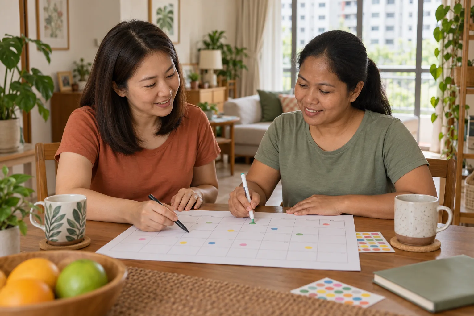 An employer and domestic helper agreeing a household leave calendar together at a Singapore dining table