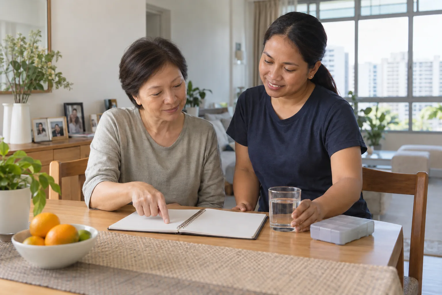 A domestic helper and an adult cancer patient reviewing a home care routine together in a Singapore apartment