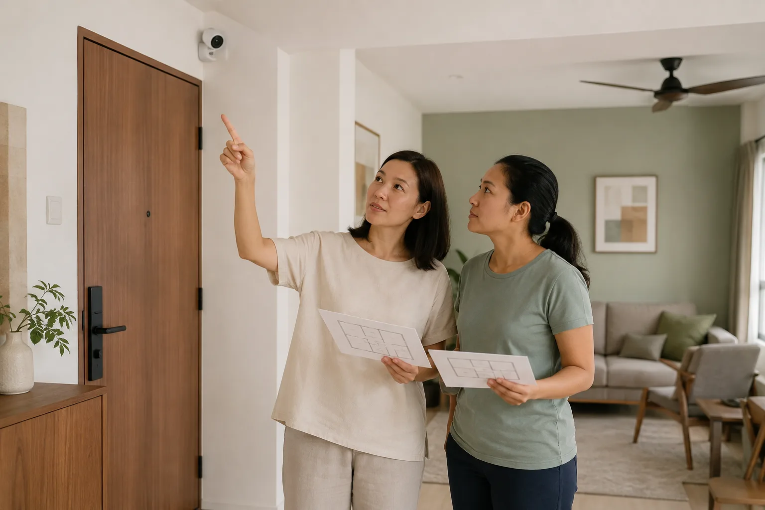 An employer and domestic helper openly discussing a visible home security camera in a living room
