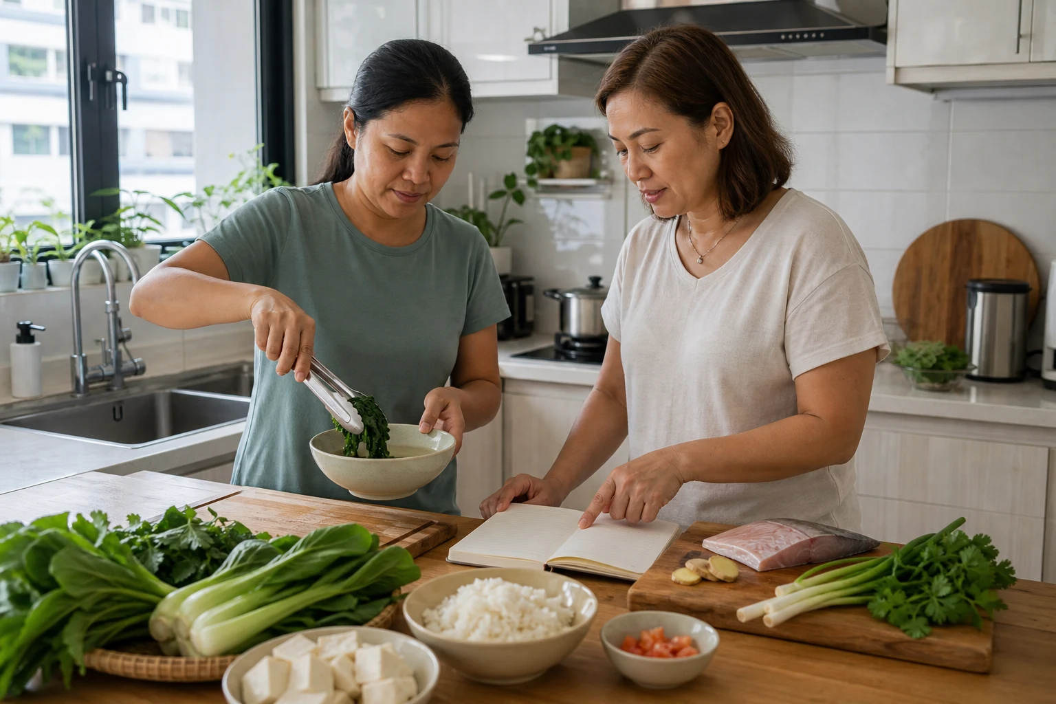 A domestic helper and employer planning and preparing a balanced meal in a Singapore kitchen