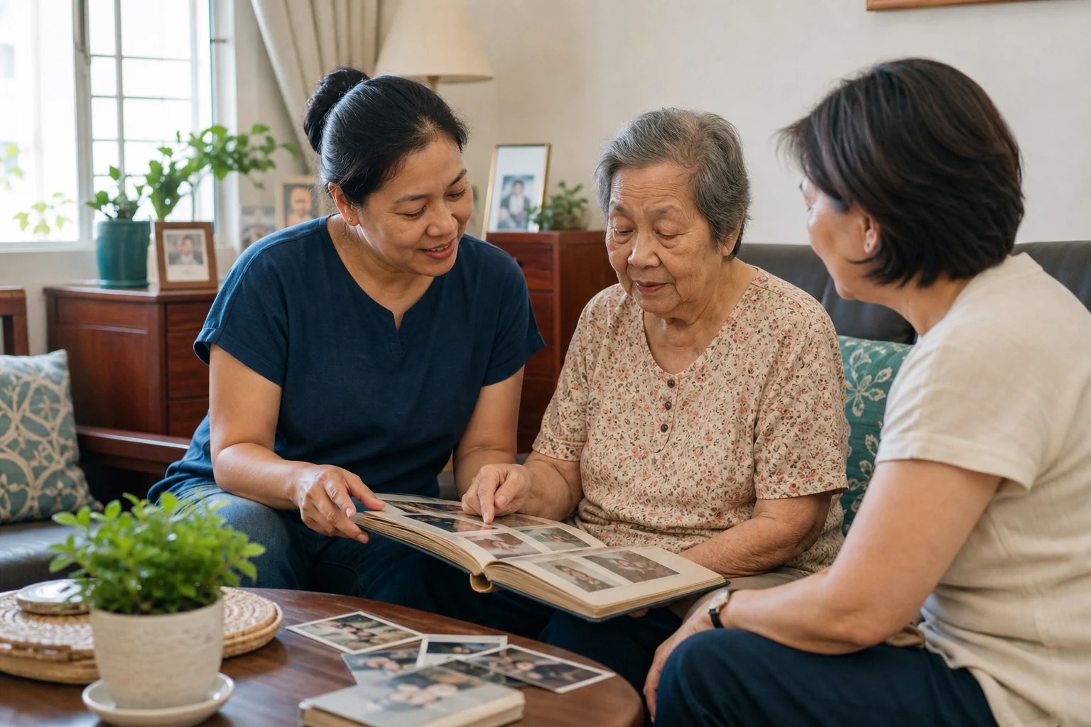 A domestic helper and older adult sharing a calm photo album activity with a family member nearby in a Singapore home