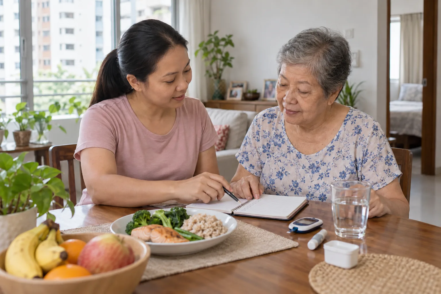 A trained domestic helper and an older adult reviewing a diabetes care routine together at home in Singapore