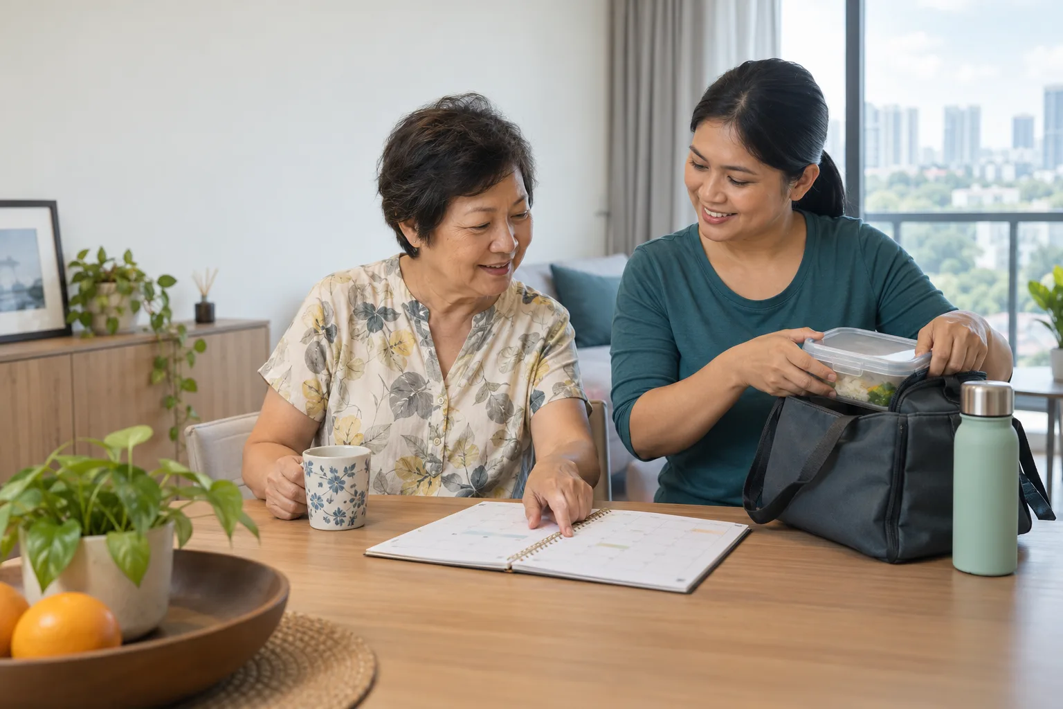 A domestic helper and an older adult preparing a clinic bag and written dialysis support schedule at home in Singapore