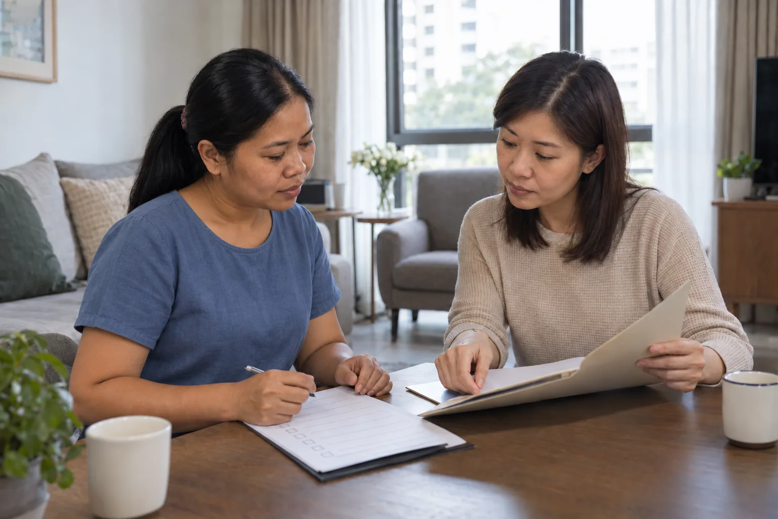 A family member and domestic helper calmly reviewing official paperwork after an employer’s death in Singapore