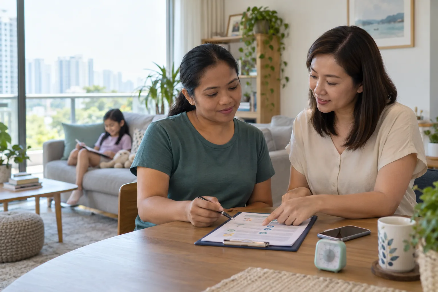 A domestic helper and Singapore family calmly reviewing a written seizure action plan in a safe living room