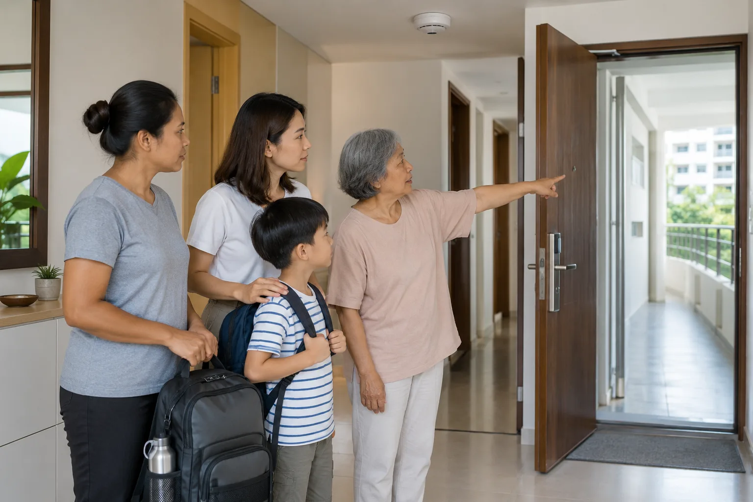 A Singapore household and domestic helper calmly practising a home fire evacuation route together