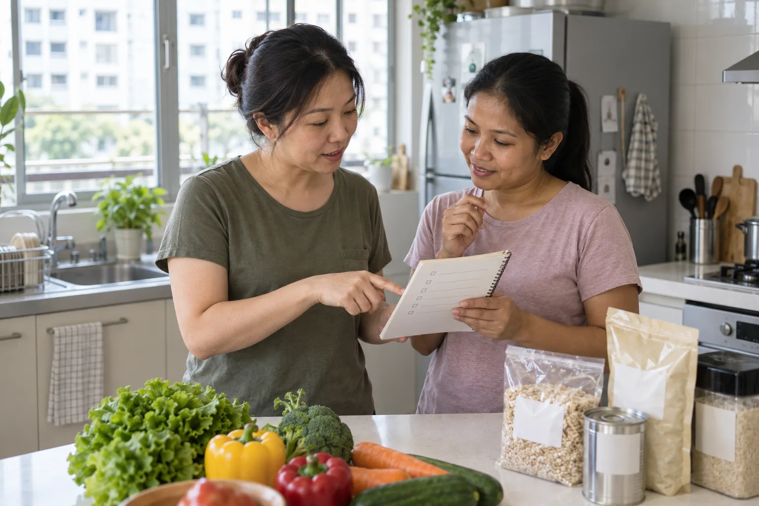 A parent and domestic helper reviewing an ingredient checklist together in a Singapore kitchen