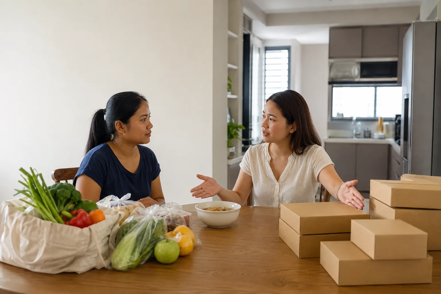 An employer explaining the boundary between household groceries and home-business parcels to a domestic helper
