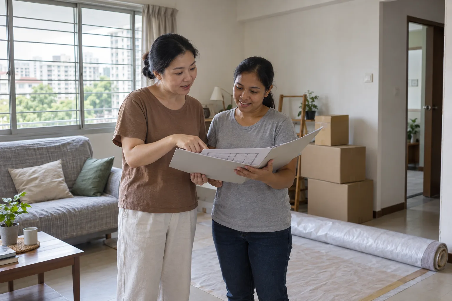 An employer and domestic helper reviewing a room plan together before renovating a Singapore flat