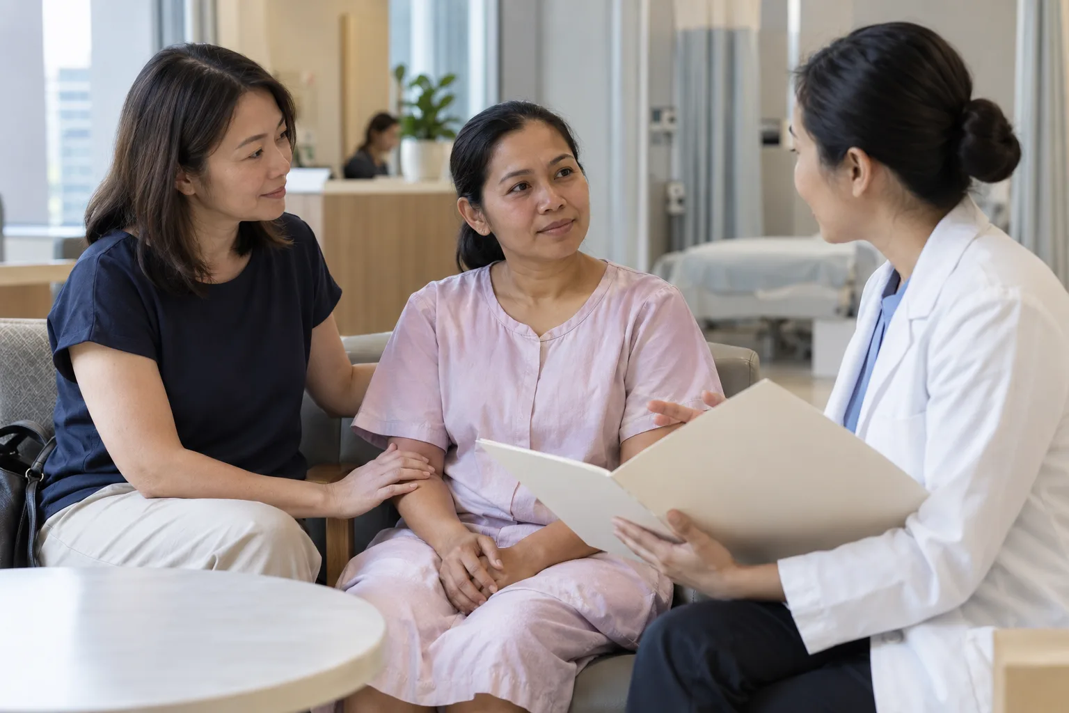 A Singapore employer supporting a domestic helper during a calm hospital admission conversation