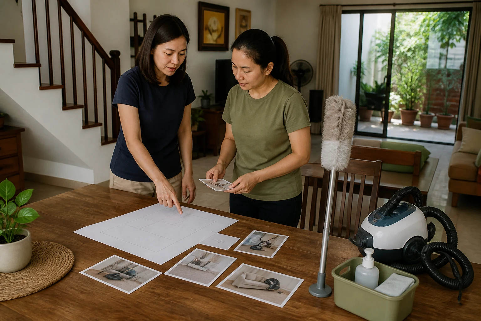 A Singapore homeowner and domestic helper planning cleaning zones with safe long-handled tools in a landed home