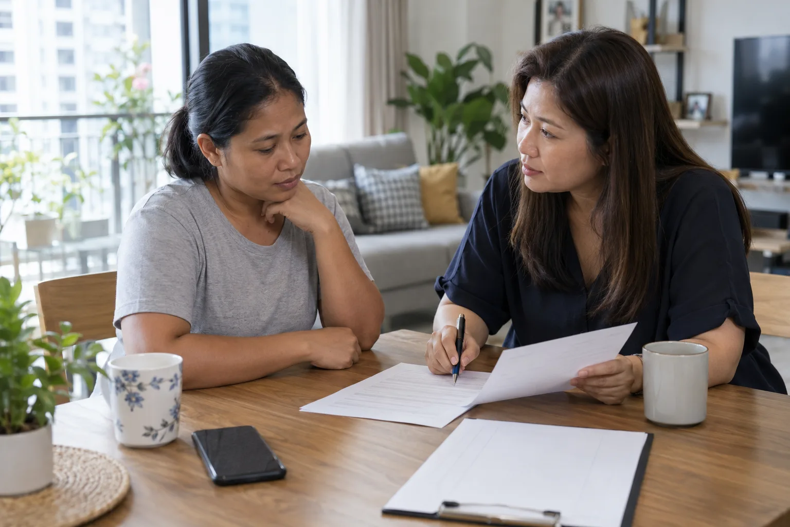 A domestic helper and employer calmly reviewing a loan document and safety checklist at a dining table