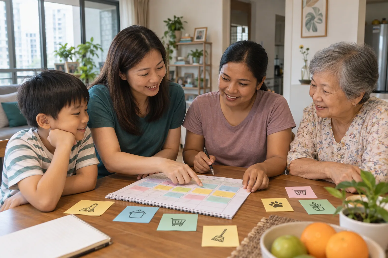 A multigenerational family and domestic helper reviewing a shared household schedule