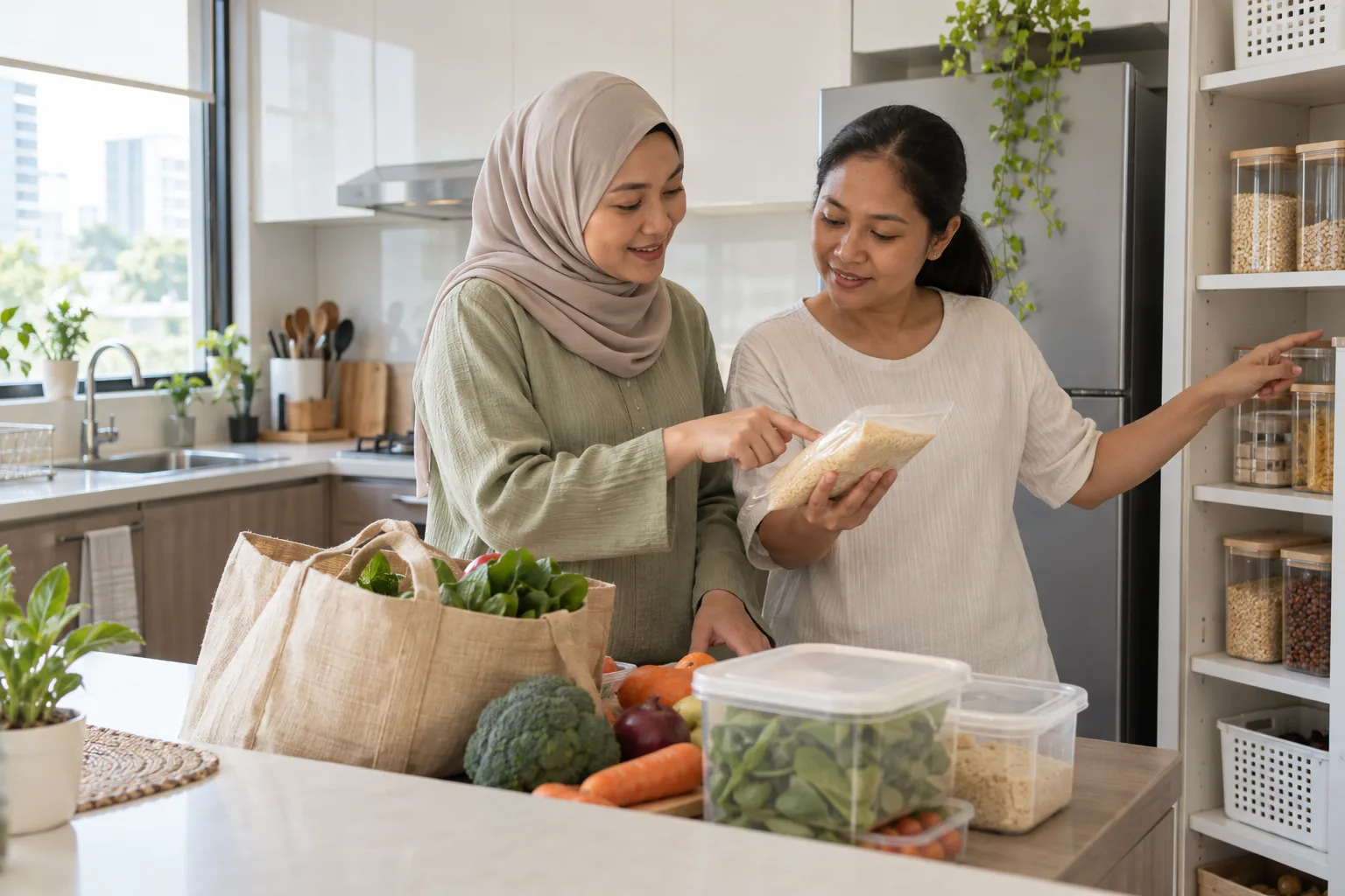 A Muslim employer and domestic helper reviewing groceries in a Singapore kitchen