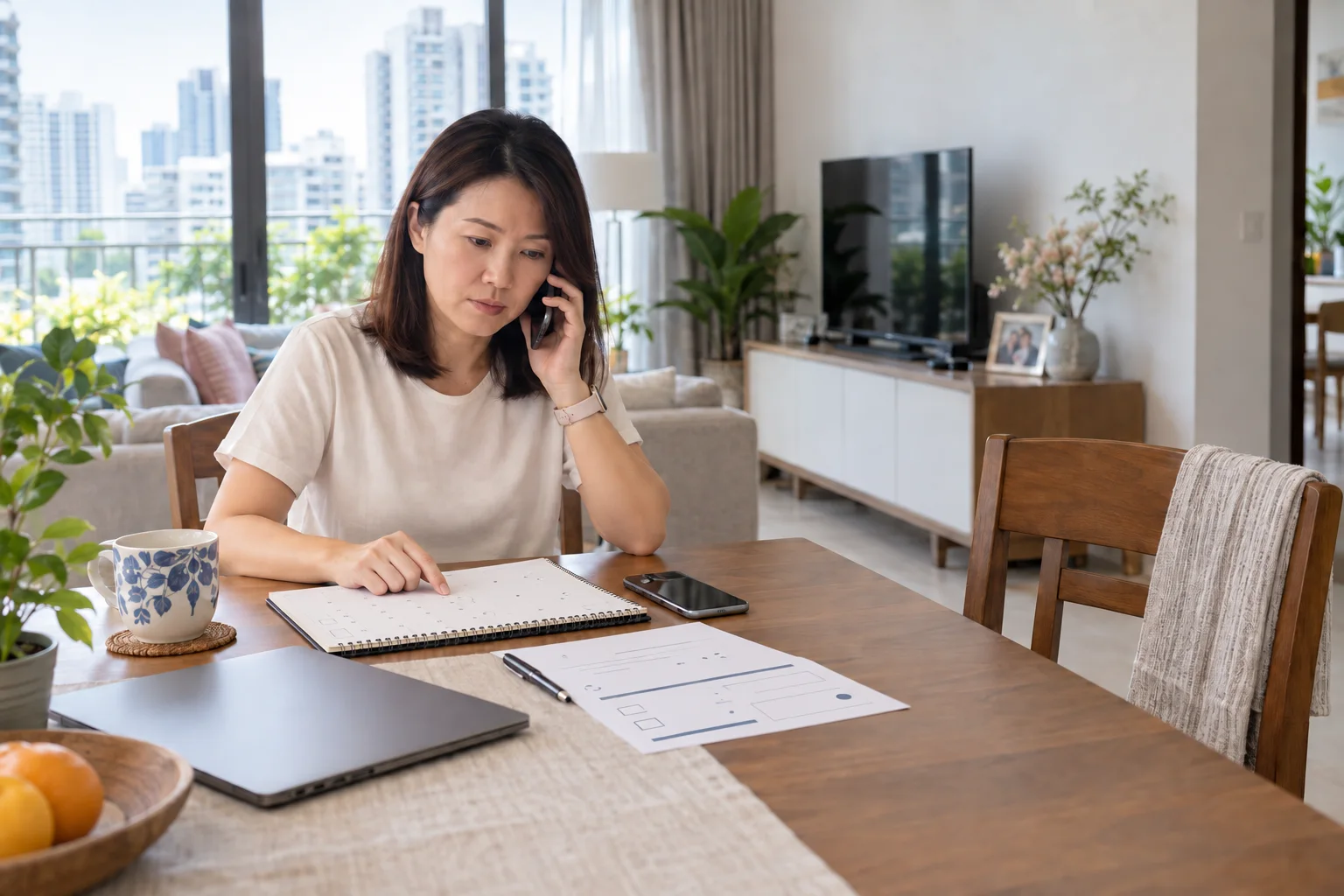 A Singapore employer calmly checking travel dates after a domestic helper did not return from home leave