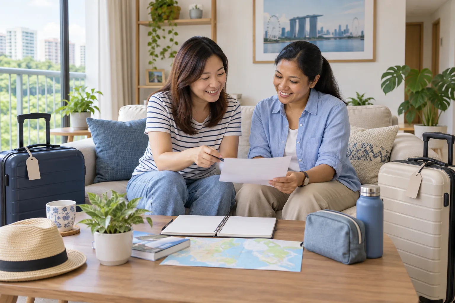 An employer and domestic helper calmly reviewing a family travel plan beside packed luggage