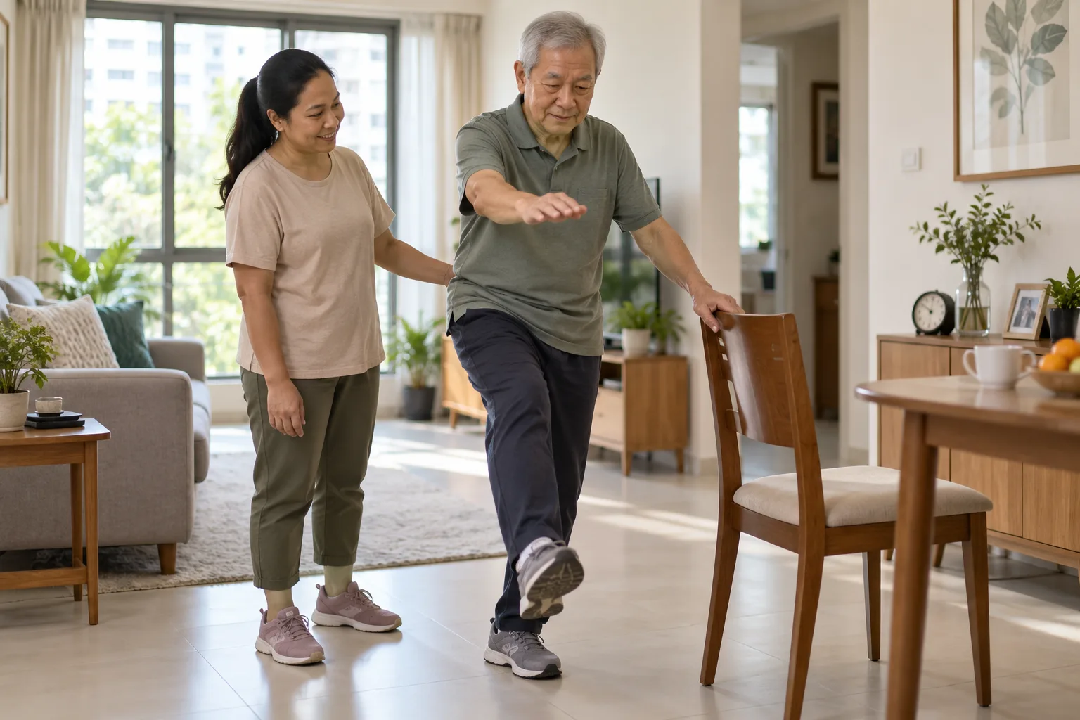 A trained domestic helper supporting an older adult with Parkinson’s during a prescribed home movement routine