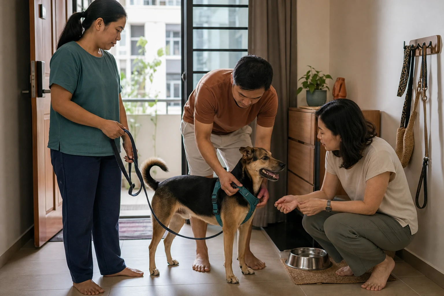 Pet owners showing a domestic helper how to use a dog harness safely in a Singapore home