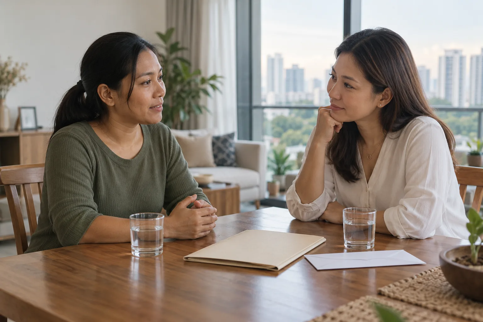 A domestic helper and Singapore employer having a private compassionate conversation after a clinic visit