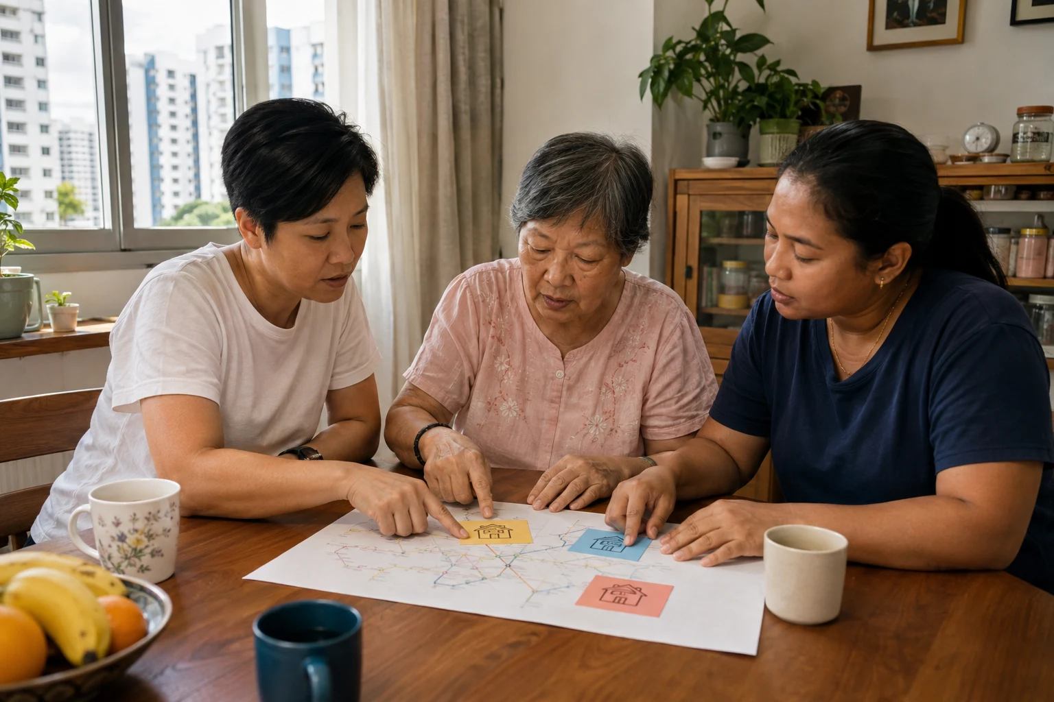 An employer, domestic helper and older parent reviewing a two-home care plan in a Singapore flat