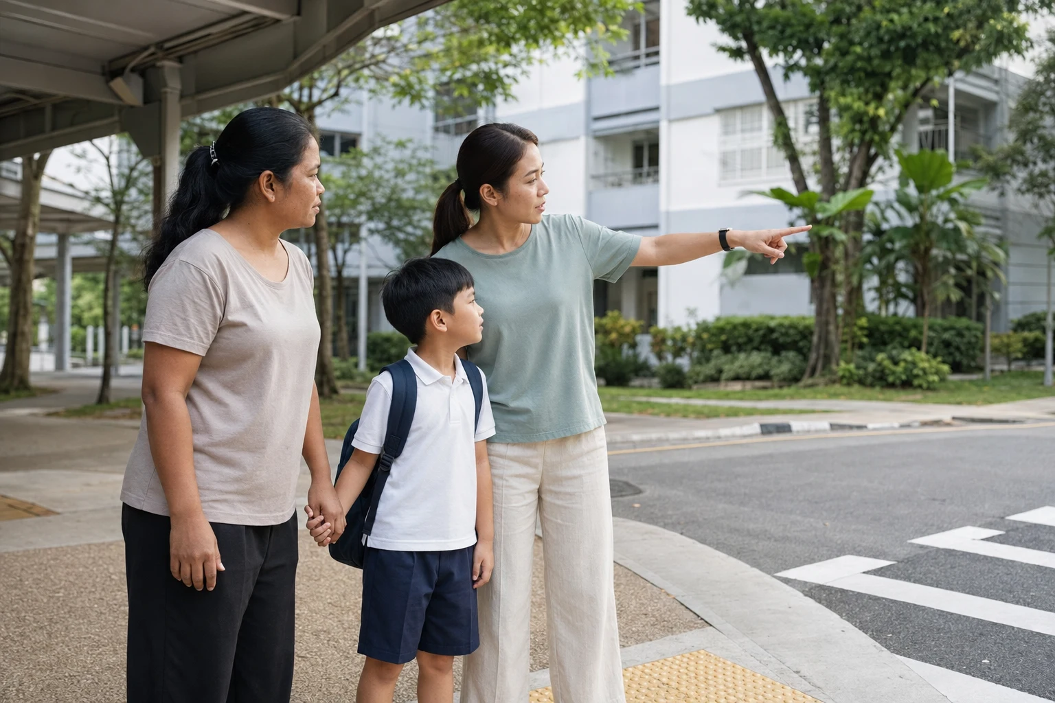 A parent, domestic helper and school-age child practising a safe pedestrian crossing in Singapore