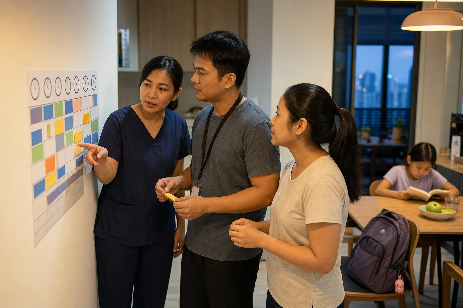 Two shift-work parents and a domestic helper reviewing a household roster in a Singapore kitchen
