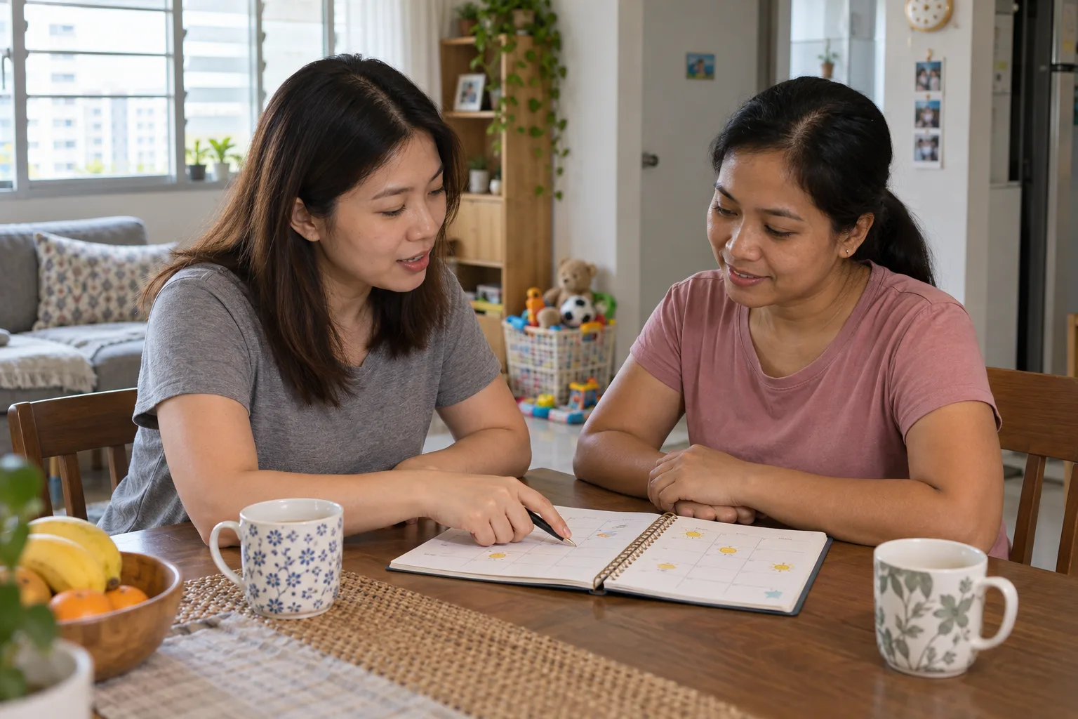A parent and prospective domestic helper reviewing a weekly childcare plan together at a table in a Singapore flat