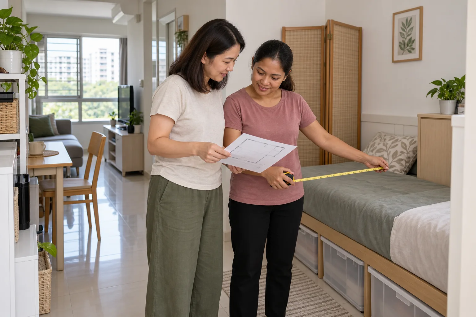 An employer and domestic helper planning private sleeping and storage space in a compact Singapore flat