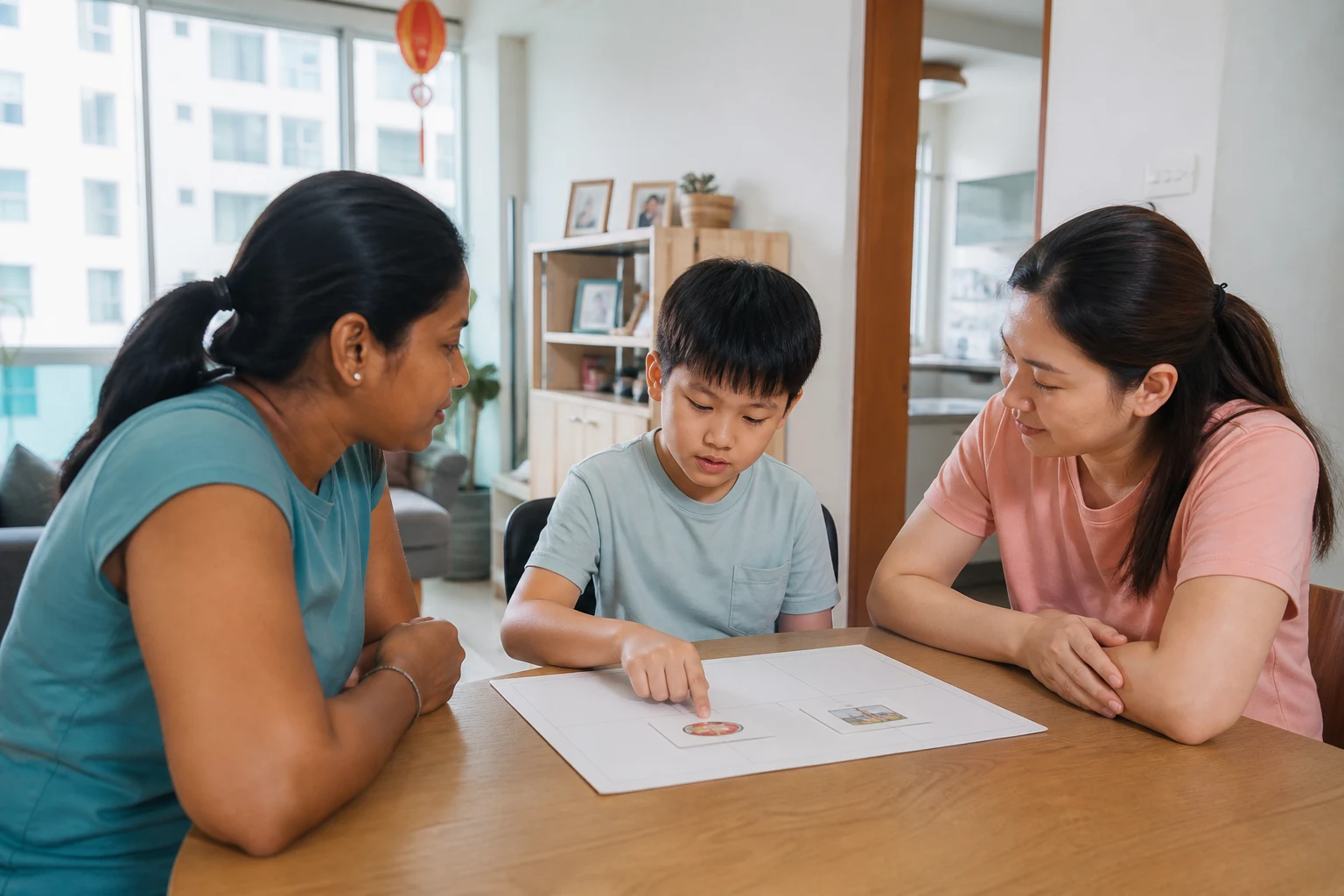 A domestic helper, parent, and child using a simple picture schedule together in a Singapore home