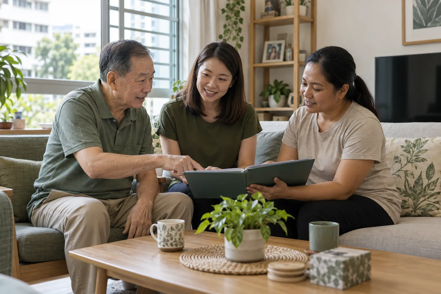 An older man, his daughter and a domestic helper discussing a care-plan folder together in a Singapore flat