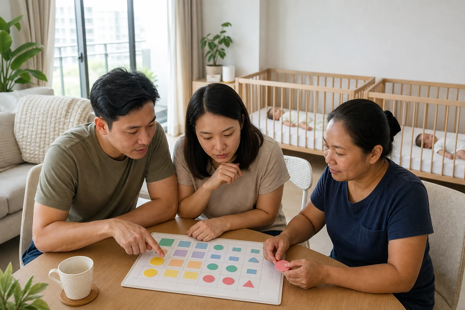 Parents and a domestic helper calmly reviewing a two-baby care board beside infant cots in a Singapore home