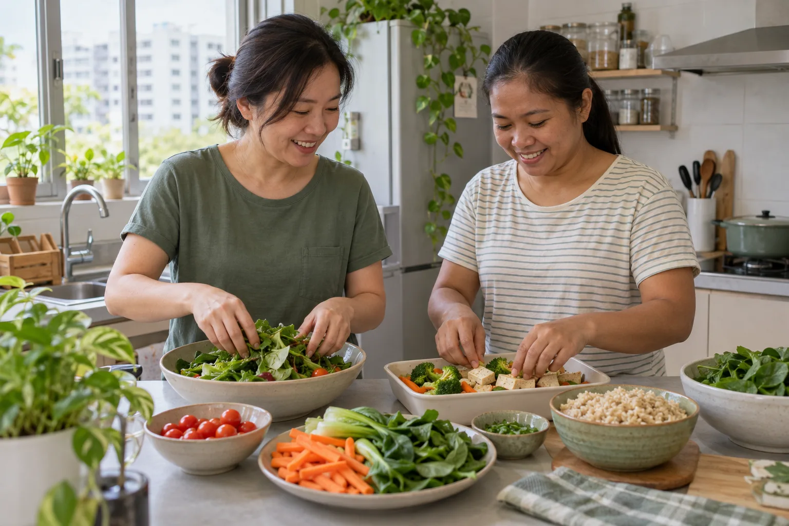 An employer and domestic helper preparing colourful vegetables and tofu together in a Singapore kitchen