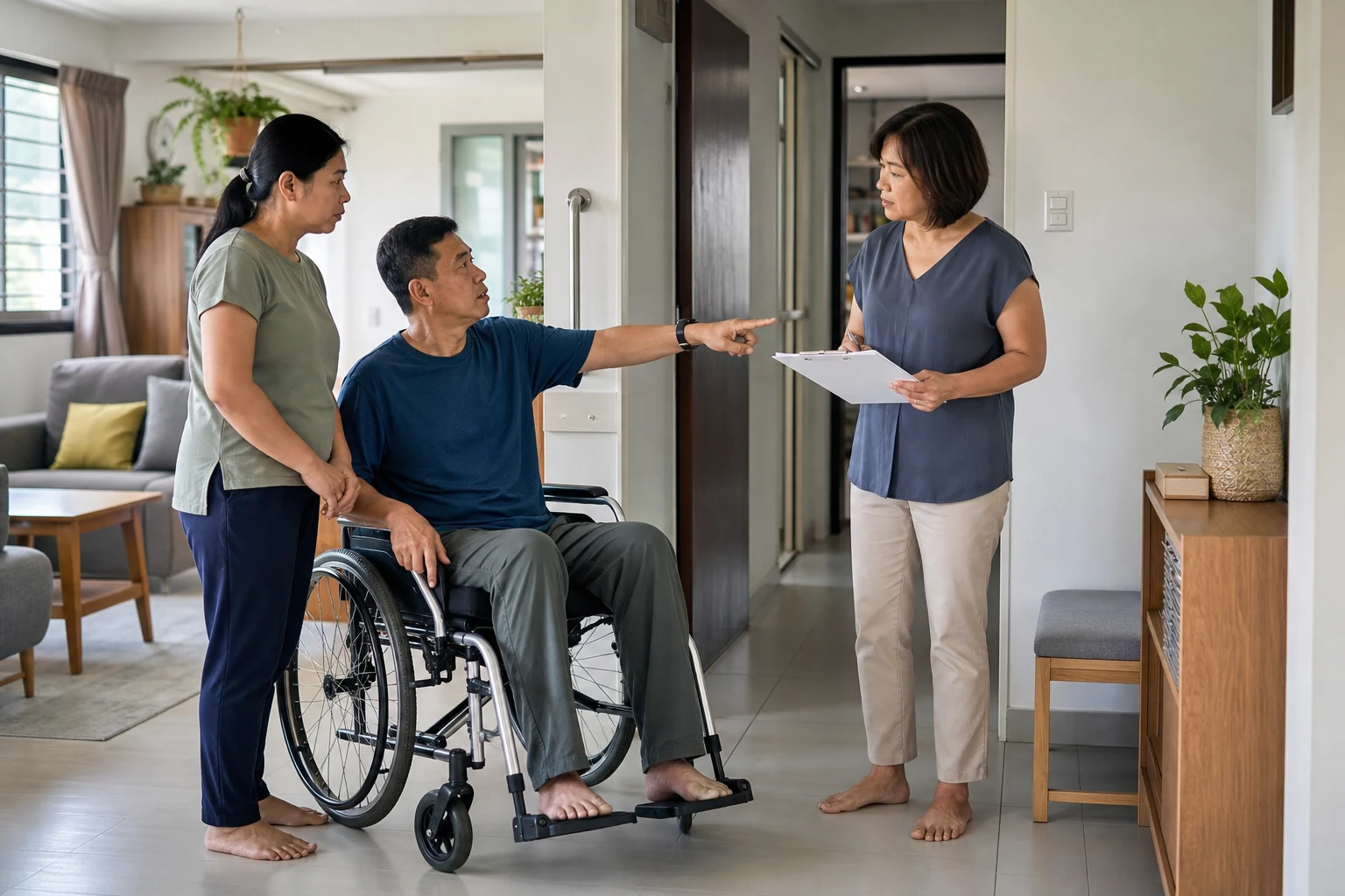 A wheelchair user, domestic helper, and family caregiver planning a clear route through a Singapore home