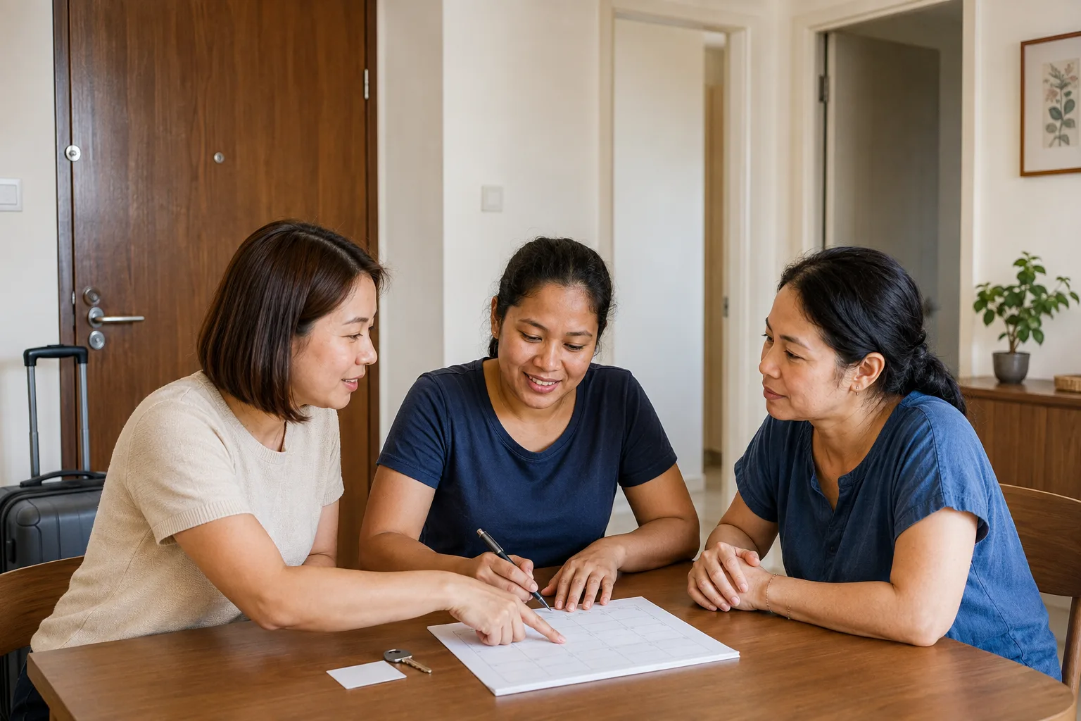 An employer, domestic helper and trusted host reviewing a temporary accommodation plan before travel