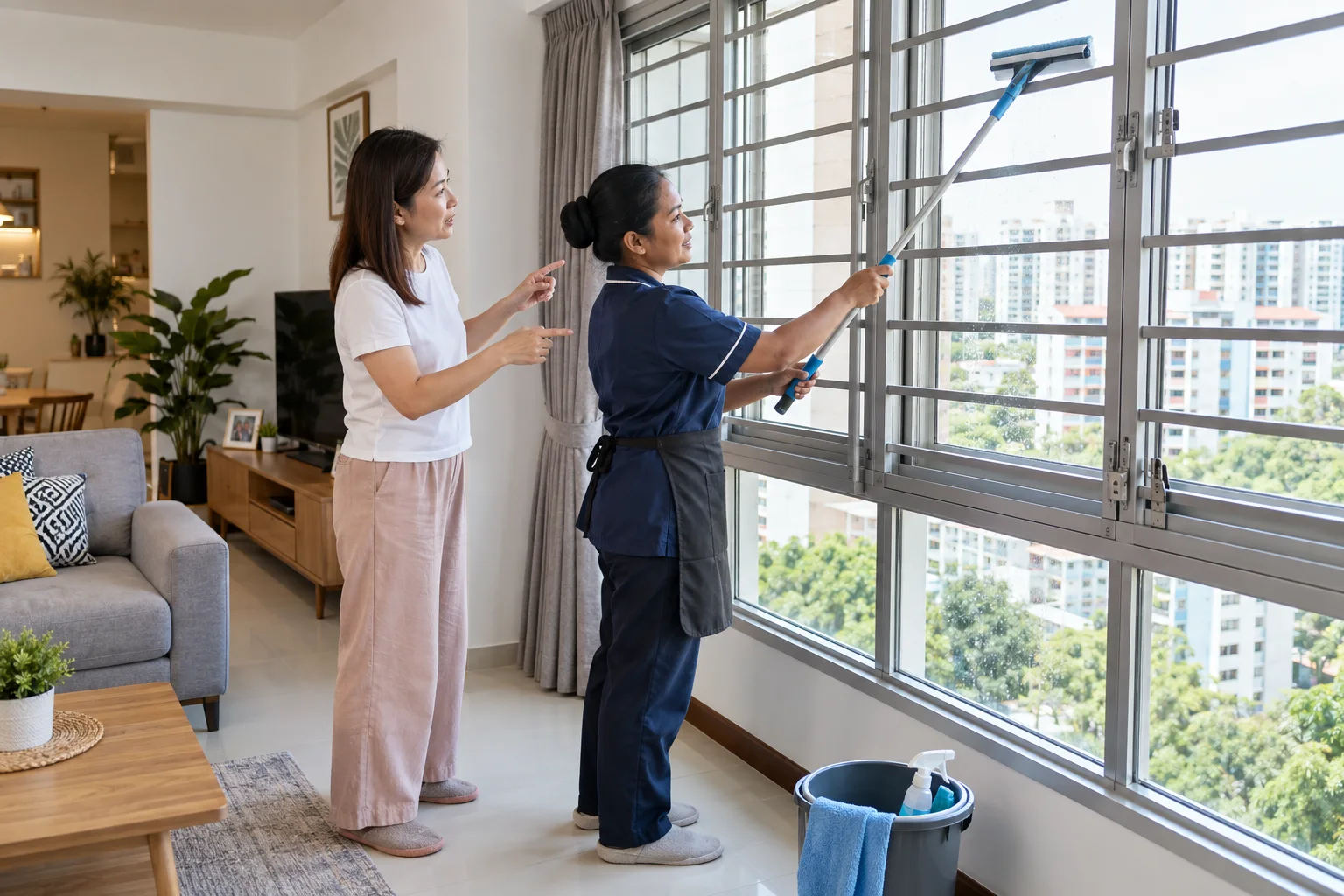 A domestic helper using a long-handled window tool from inside a Singapore flat while an adult employer supervises