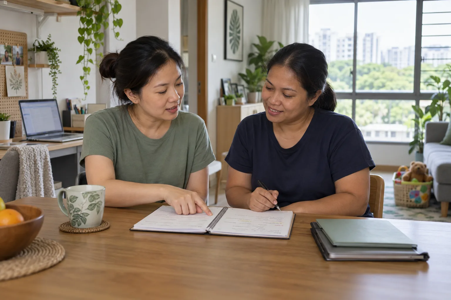 A parent and domestic helper reviewing a household handover plan beside a laptop work nook in a Singapore home
