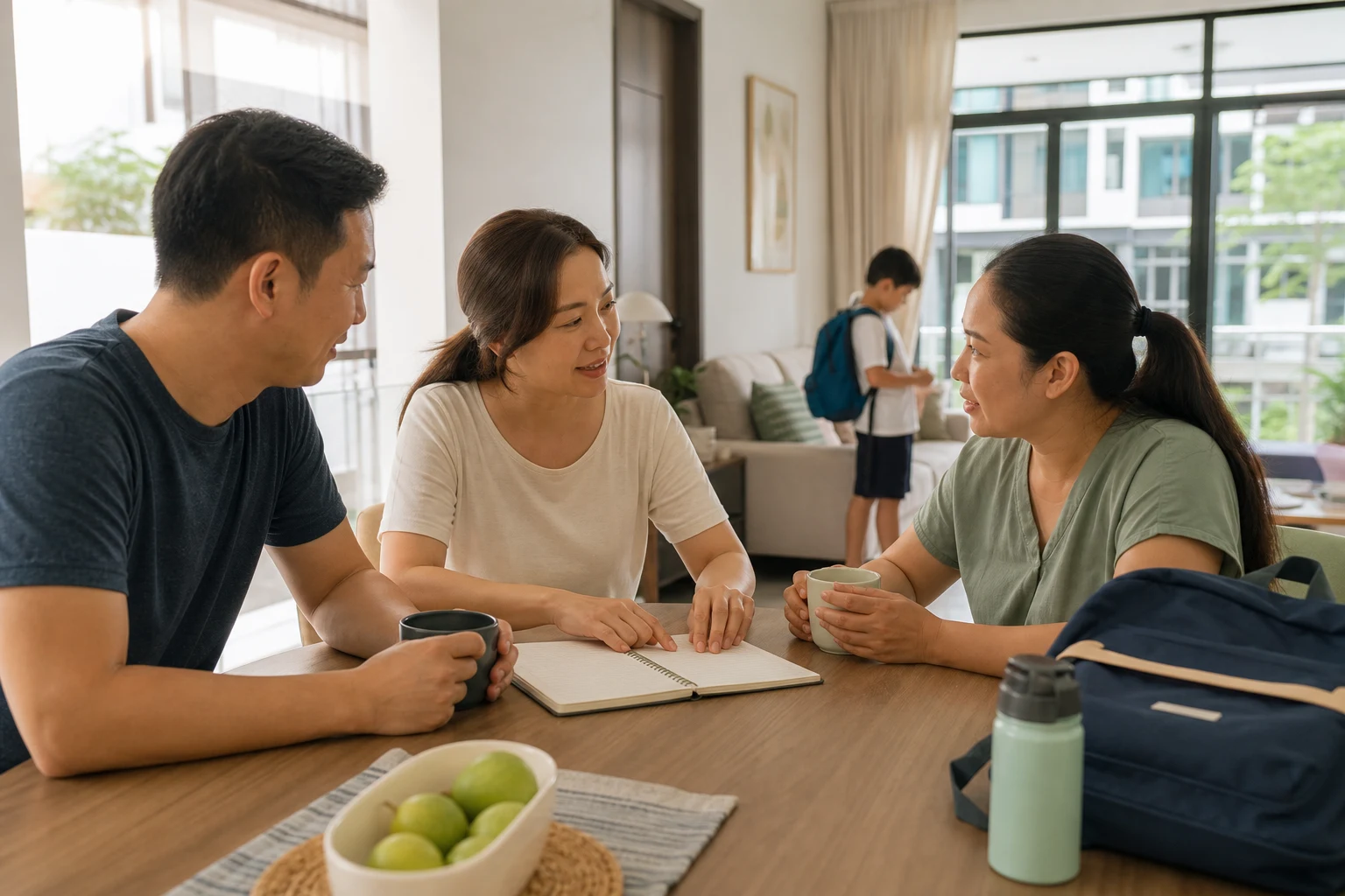 Working parents and a domestic helper discussing a school-day routine in a Singapore home