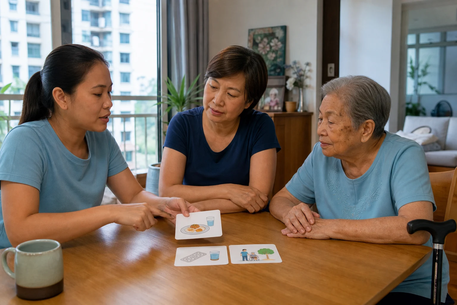 A domestic helper, employer, and older family member clarifying a daily routine with picture cards