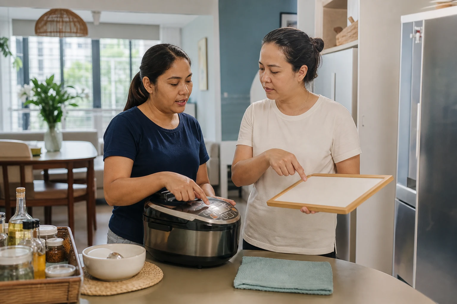 A domestic helper and employer reviewing a household routine beside a kitchen appliance in Singapore